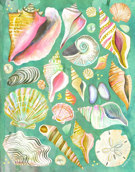 Seashells Art Print | Watercolor Wall Art | Katie Daisy | 8x10 | 11x14