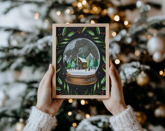 Snow Globe | Holiday Wall Art | Christmas Painting | Katie Daisy Artwork | 8x10 | 11x14
