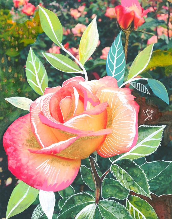 Peach Rose Art Print | Mixed Media Painting | Floral Photograph | Katie Daisy | 8x10 | 11x14