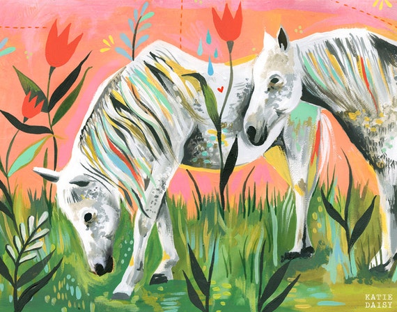 Magic Horses Horizontal Print  | Watercolor Painting | Katie Daisy | Colorful Wall art | 8x10 | 11x14