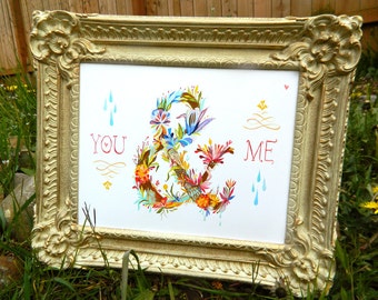 You and Me art print | Floral Ampersand | Watercolor Typography