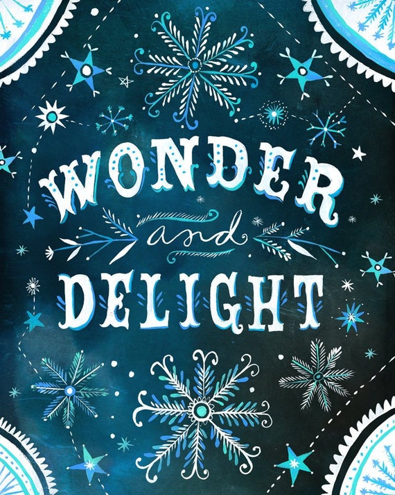 Wonder & Delight Print | Watercolor Lettering | Christmas Wall Art | Katie Daisy | 8x10