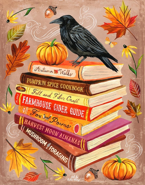Autumn Library Art Print  | Fall Wall art | Watercolor Art  |  8x10 | 11x14