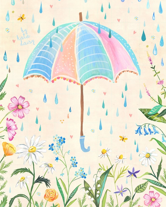 Spring Rain art print | Watercolor painting | Nursery Decor | Katie Daisy | 8x10 | 11x14