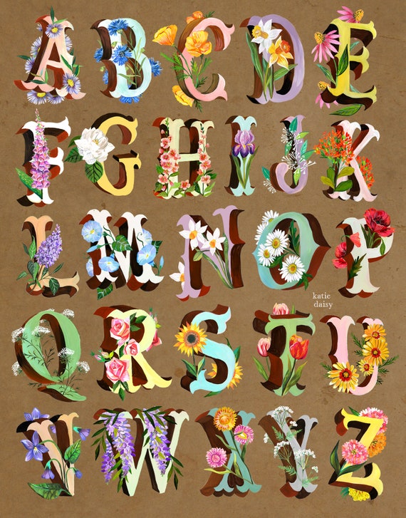 Flower Alphabet Art Print | Floral Wall Art | Wildflower Painting | Katie Daisy | 8x10 | 11x14