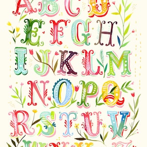 Alphabet Poster Print | Watercolor Typography | Nursery Decor | Colorful Lettering | Katie Daisy | 8x10 | 11x14