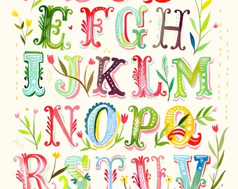 Alphabet Poster Print | Watercolor Typography | Nursery Decor | Colorful Lettering | Katie Daisy | 8x10 | 11x14