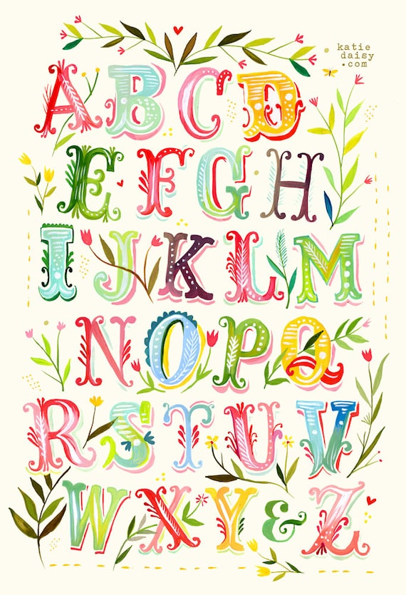 Alphabet Poster Print | Watercolor Typography | Nursery Decor | Colorful  Lettering | Katie Daisy | 8x10 | 11x14