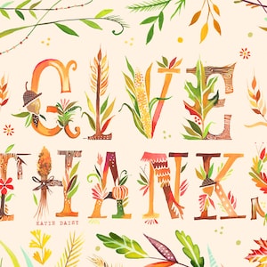 Give Thanks Art Print | Thanksgiving Wall Art | Watercolor Quote | Hand Lettering | Katie Daisy | 8x10 | 11x14