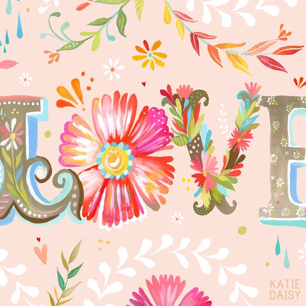 Horizontal LOVE print | Floral Typography | Pink Wall Art | Nursery Decor | Katie Daisy