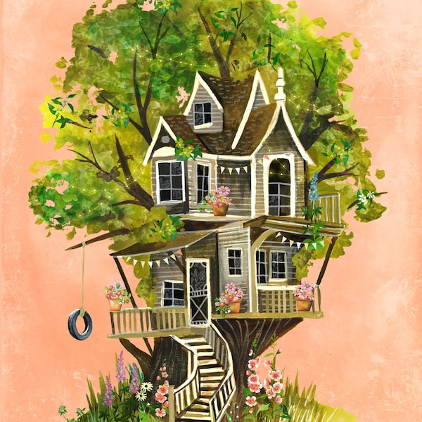 Treehouse Art Print | Country Wall Art | House Painting | Katie Daisy Artwork | 8x10 | 11x14