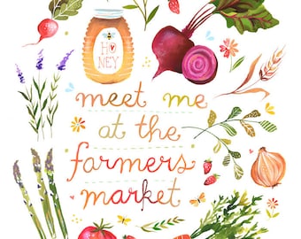 Meet Me at The Farmers Market Print | Watercolor Quote | Kitchen Wall Art | Lettering | Katie Daisy | 8x10 | 11x14