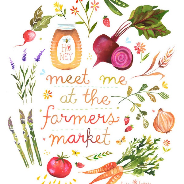 Rendez-vous sur The Farmers Market Print (fr) Citation d'aquarelle Art de mur de cuisine Lettrage (en anglais) Katie Daisy - France 8x10 - France 11x14