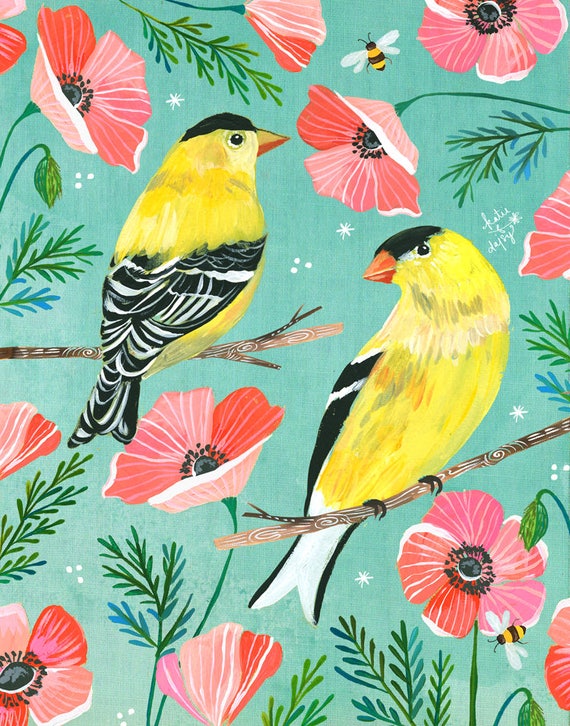 Gold Day art print | Goldfinch Artwork | Bird Painting | Katie Daisy | 8x10 | 11x14