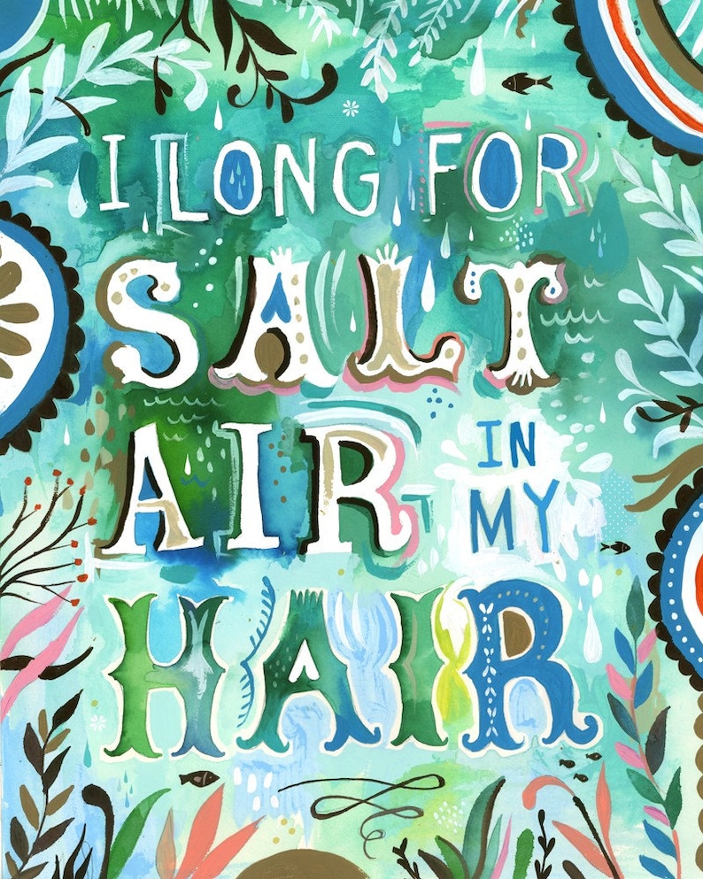 Salt Air Hair Print Marine Wall Art Ocean Quote Watercolor Lettering Katie Daisy 8x10 11x14 image 1