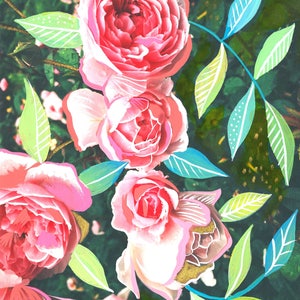 Pink Roses Art Print | Mixed Media Painting | Floral Photograph | Katie Daisy | 8x10 | 11x14