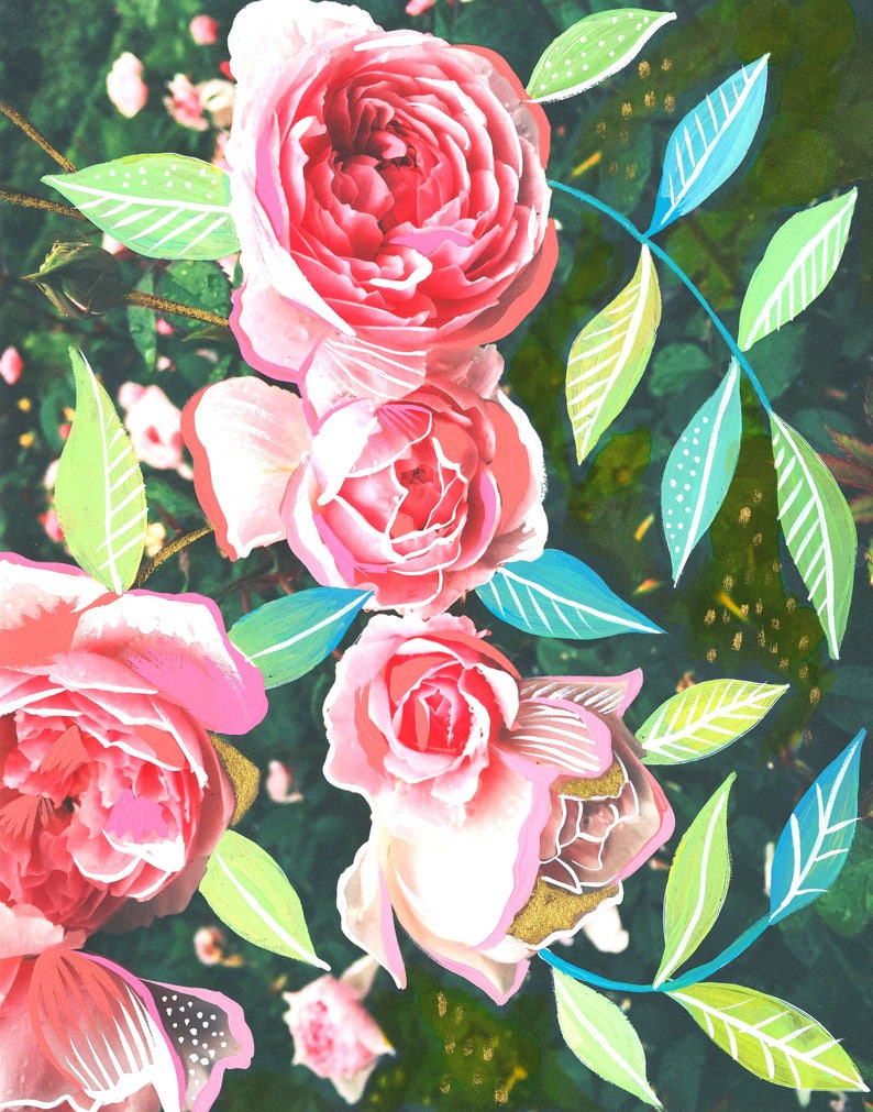 Pink Roses Art Print Peinture sur les médias mixtes Photographie florale Katie Daisy 8x10 11x14 image 1