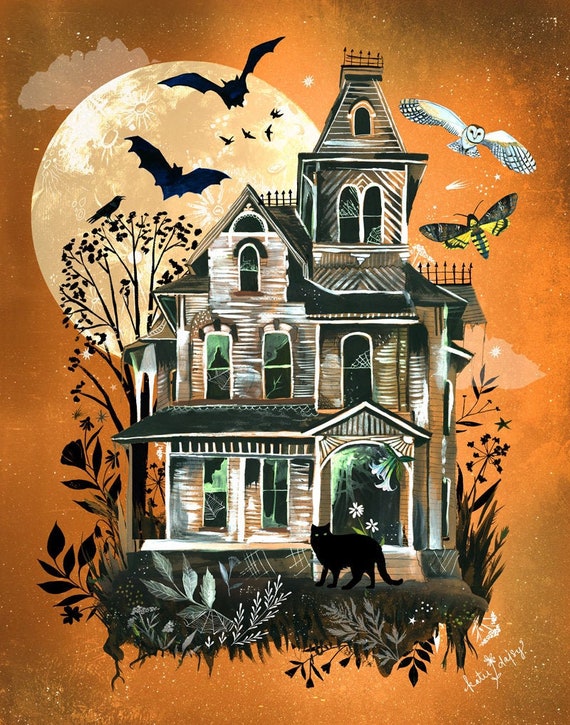 October House Art Print | Halloween Wall Art | Autumn Painting | Katie Daisy Artwork | 8x10 | 11x14