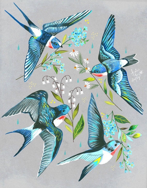 Swallows art print | Bird Painting | Katie Daisy | 8x10 | 11x14