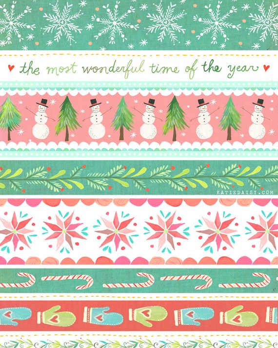 Holiday Stripe Art Print| Watercolor Lettering | Christmas Wall Art | Katie Daisy | 8x10
