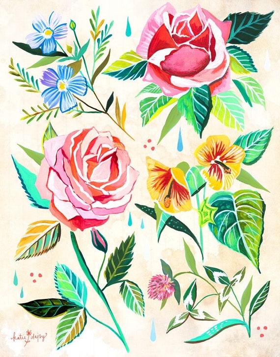Vintage Florals | Wildflower Art Print | Floral Wall Art | Katie Daisy | 8x10 | 11x14