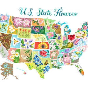 Amerikaanse staatsbloemen | Educatieve muurkunst | Aquarel geografie | Bloemenkaart