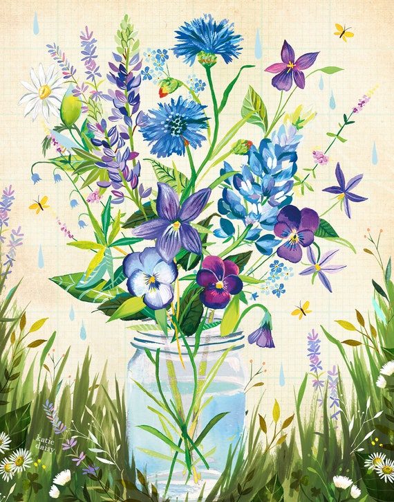 Violet Bouquet | Wildflower Art Print | Floral Wall Art | Katie Daisy | 8x10 | 11x14