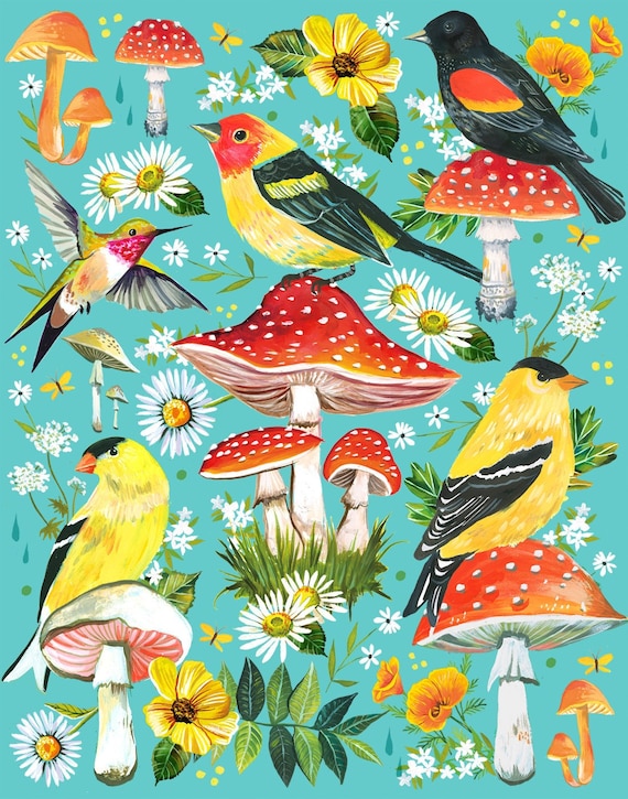 Birds & Mushrooms | Spring Wall art | Watercolor Art  |  8x10 | 11x14