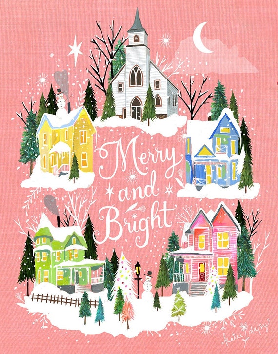 Merry and Bright Village | Holiday Wall Art | by Katie Daisy