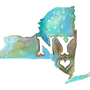 Impresión del estado de Nueva York / Arte de la pared de la acuarela / Mapa de acuarela / Katie Daisy