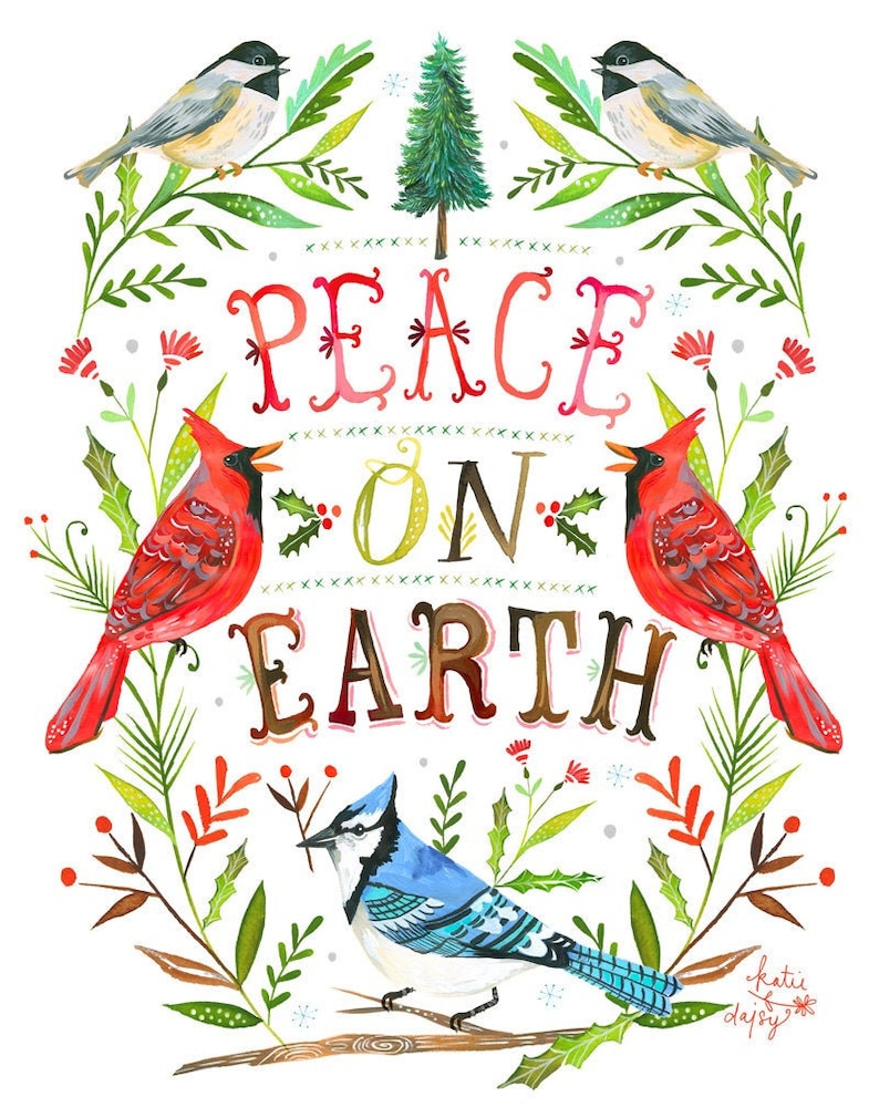 Holiday Birds Art Print Christmas Wall Art image 1