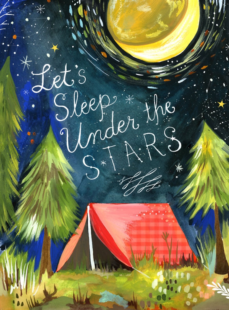 Sleep Under The Stars Print Watercolor Quote Outdoorsy Wall Art Camping Print Lettering 8x10 11x14 image 1