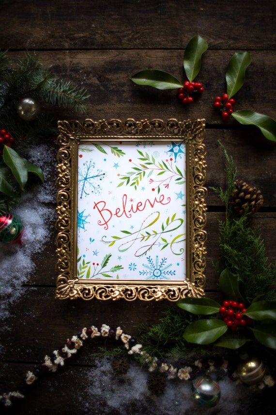 Believe Art Print| Watercolor Lettering | Christmas Wall Art | Katie Daisy | 8x10