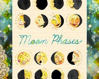 Moon Faces Art Print | Moon Phases Wall Art | Nursery Decor | Celestial Artwork | Katie Daisy | 8x10 | 11x14