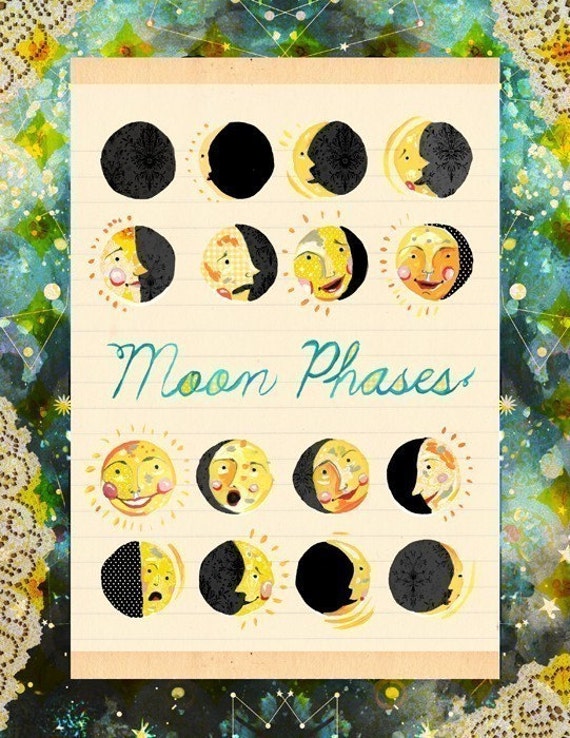 Moon Faces Art Print | Moon Phases Wall Art | Nursery Decor | Celestial Artwork | Katie Daisy | 8x10 | 11x14