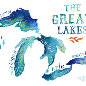 L'imprimé papier des Grands Lacs Art de mur d'aquarelle Lettres de la main (en anglais) Carte de l'aquarelle Katie Daisy