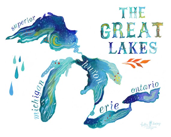 The Great Lakes paper print | Watercolor Wall Art | Hand Lettering | Watercolor Map | Katie Daisy