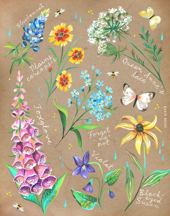 Wildflower Chart on Kraft | Katie Daisy Art | Floral Painting | Wall art | 8x10 | 11x14