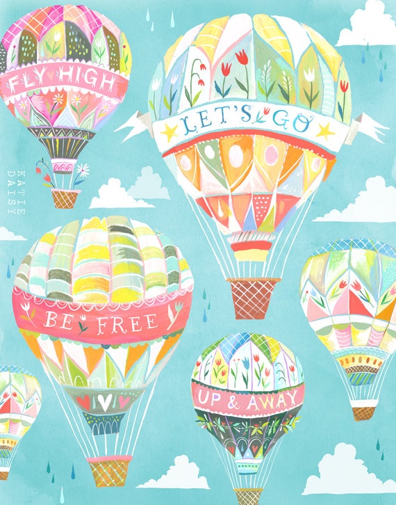 Up and Away Art Print | Hot Air Balloons | Katie Daisy Wall Art | 8x10 | 11x14