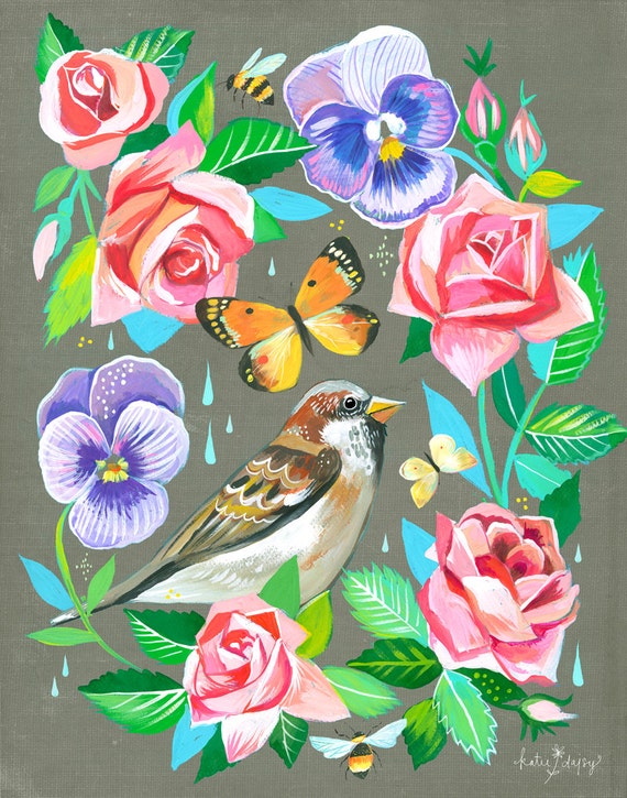 Sparrow in Roses art print | Floral Artwork | Bird Painting | Katie Daisy | 8x10 | 11x14