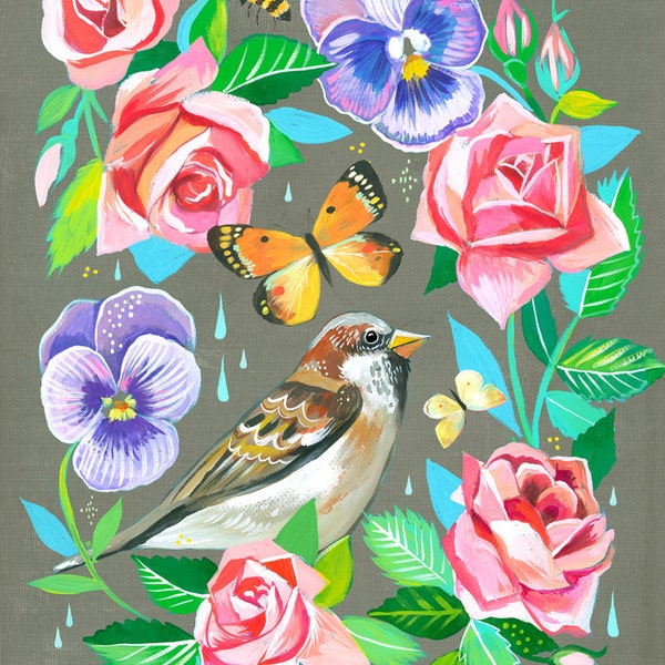 Sparrow in Roses art print | Floral Artwork | Bird Painting | Katie Daisy | 8x10 | 11x14