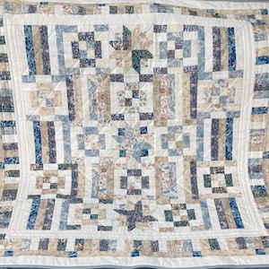 May include: A handmade quilt with a patchwork design in blue, beige, and white. The quilt features geometric patterns, floral motifs, and star-shaped accents. The quilt's design is symmetrical, with a border that frames the central pattern.