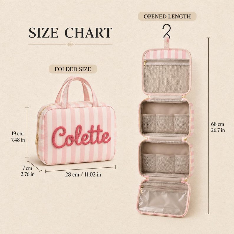 May include: A pink and white striped hanging toiletry bag with the name Colette in pink script. The folded bag measures 11.02 inches wide, 7.48 inches high, and 2.76 inches deep. When fully opened, the bag reaches a total length of 26.7 inches.