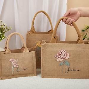 Bolsas de mano personalizadas para damas de honor, bolsa de mano con flores de nacimiento personalizadas, regalos de yute para la playa, bolsas de regalo para damas de honor, bolsas de arpillera personalizadas