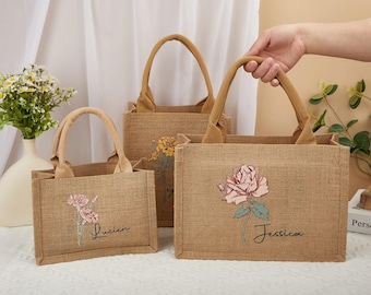 bridesmaids personalized tote bags, Customs Birth Flower Tote Bag, beach jute favors, bridesmaids gift bags, personalized burlap tote bags
