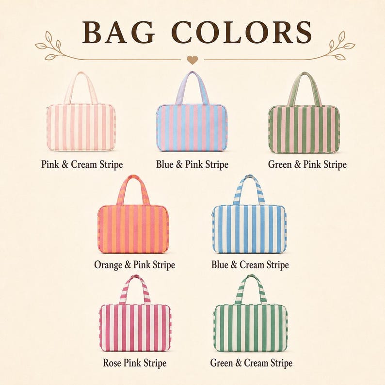 May include: Seven rectangular bags with handles and vertical stripes in various color combinations: Pink & Cream, Blue & Pink, Green & Pink, Orange & Pink, Blue & Cream, Rose Pink, and Green & Cream. The text BAG COLORS is at the top.