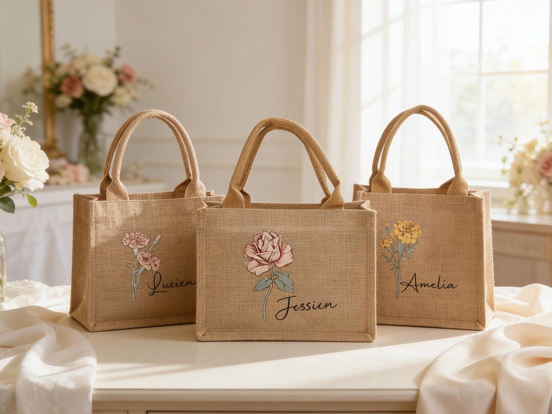 Personalized Bridesmaid Tote Bag, Custom Name Jute Bag, Floral ...