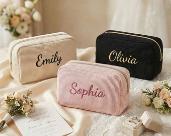 Bolsa de maquillaje personalizada con nombre, bolsa de maquillaje bordada personalizada, bolsa de cosméticos de pana, regalo para ella