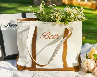 Custom Canvas Tote Bag, Embroidered Large Canvas Tote Bag, Minimalist Shoulder Tote for Work Travel Shopping, Reusable Eco Friendly Bag