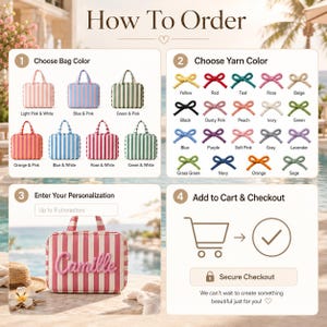 May include: A four-step instructional guide for ordering a personalized striped bag. It displays eight color options for the bag, twenty yarn color choices for the name, a text input field for personalization, and a shopping cart checkout icon.